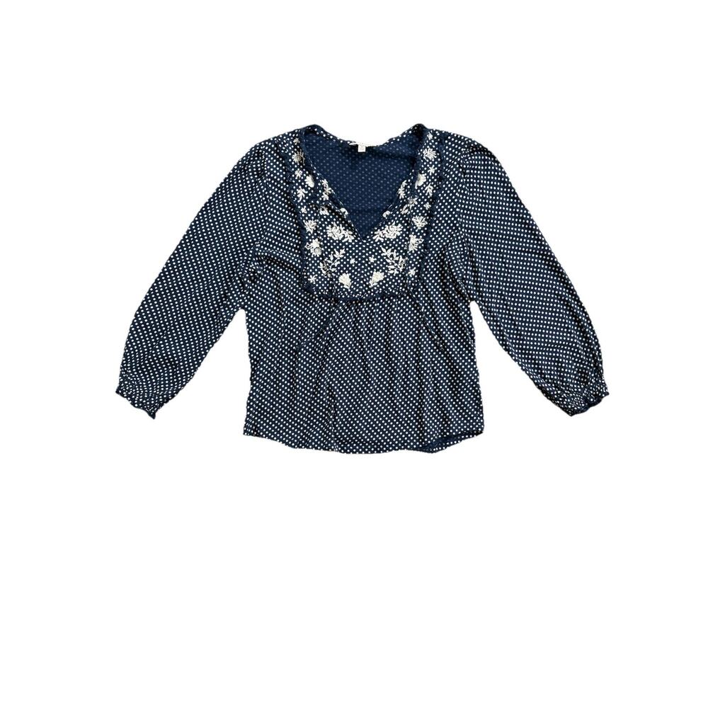 Lucky Brand Navy Polka Dot Peasant Blouse Size M Embroidered Bib Boho Top EUC